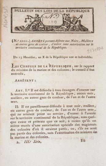 Arrêté du 13 messidor an 10 (2 juillet 1802) portant défense aux Noir